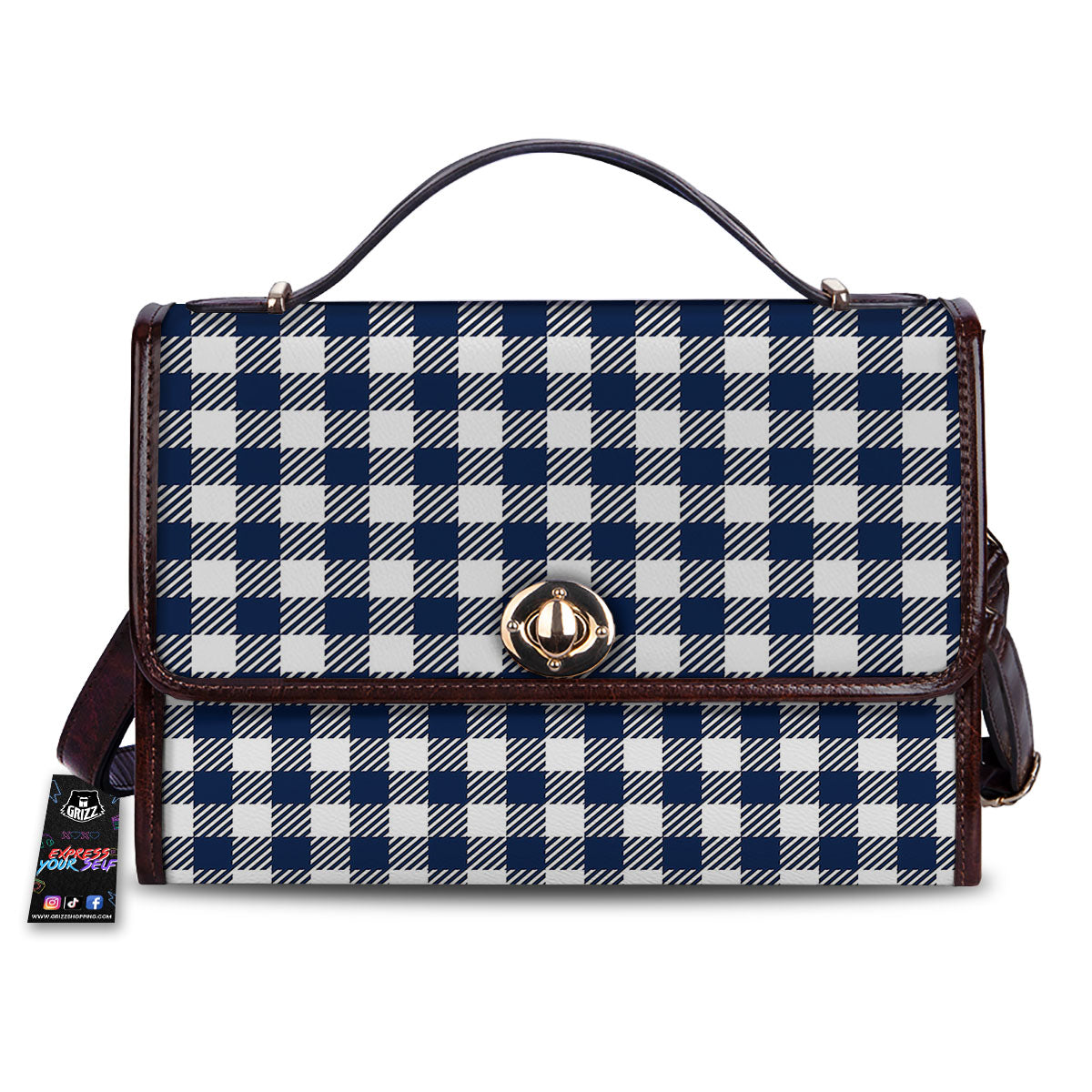 Gingham White And Navy Print Pattern Women's Satchel Bag