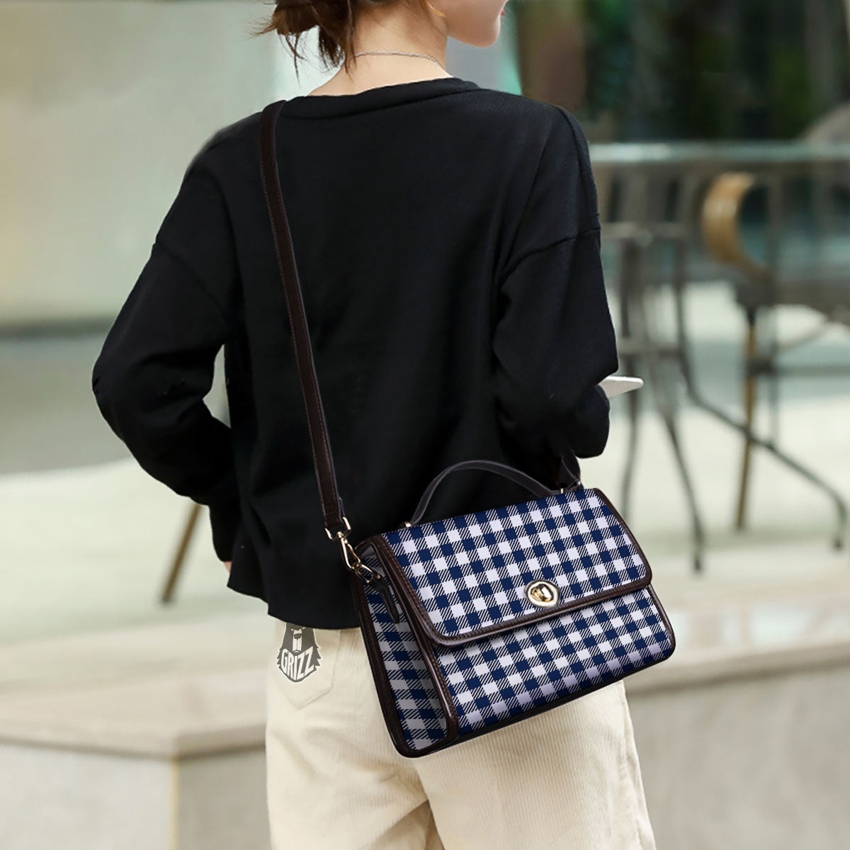 Gingham White And Navy Print Pattern Women's Satchel Bag