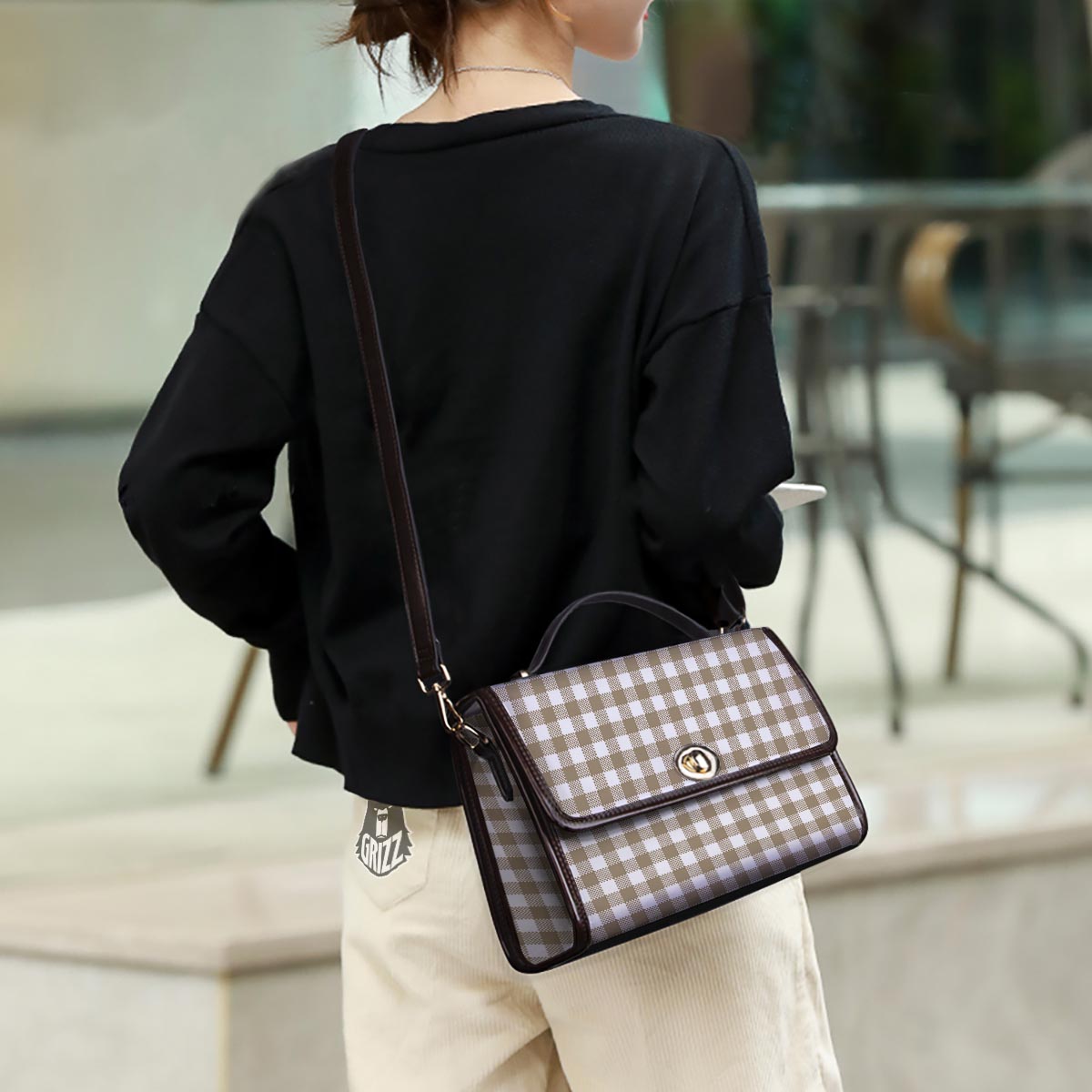 Gingham White And Tan Print Pattern Women's Satchel Bag