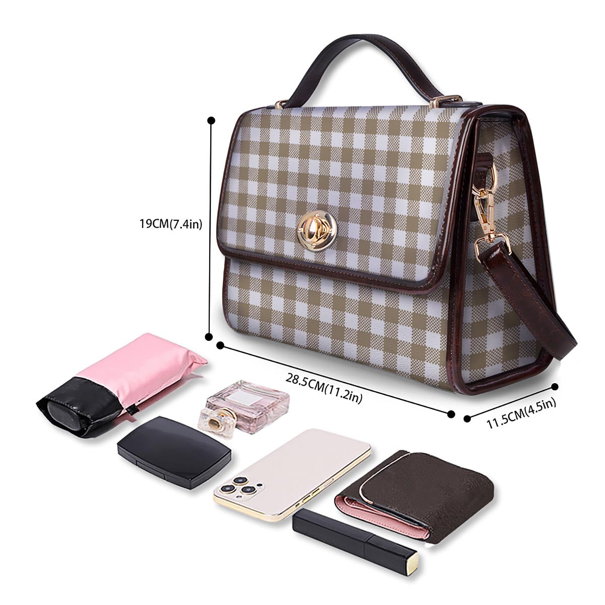 Gingham White And Tan Print Pattern Women's Satchel Bag