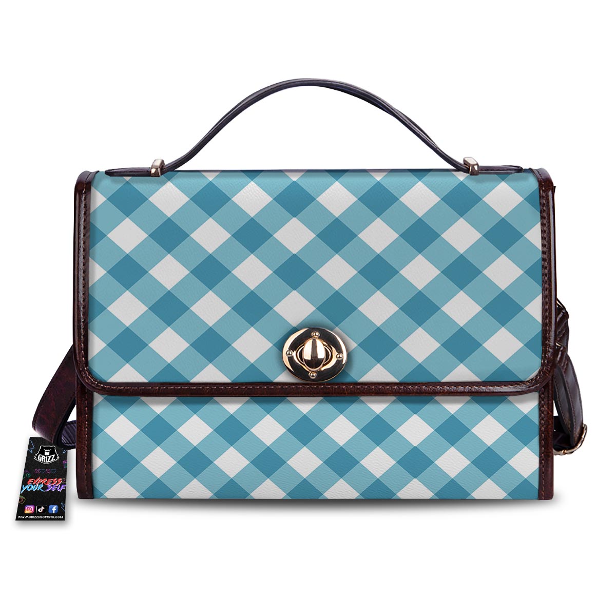 Gingham White And Teal Print Pattern Women's Satchel Bag