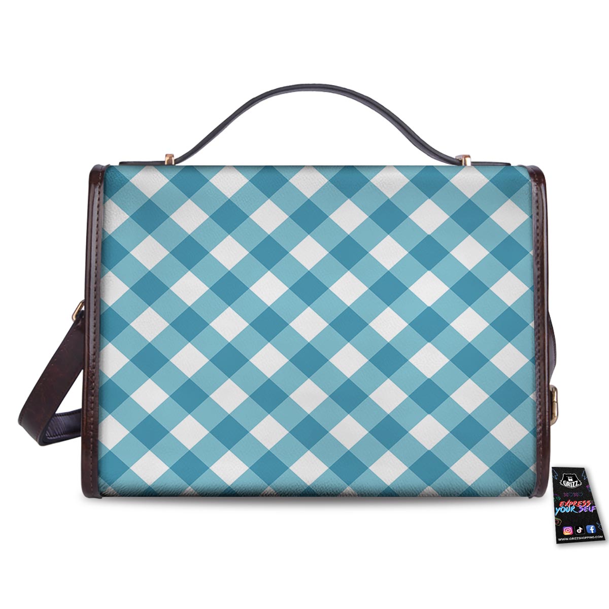 Gingham White And Teal Print Pattern Women's Satchel Bag
