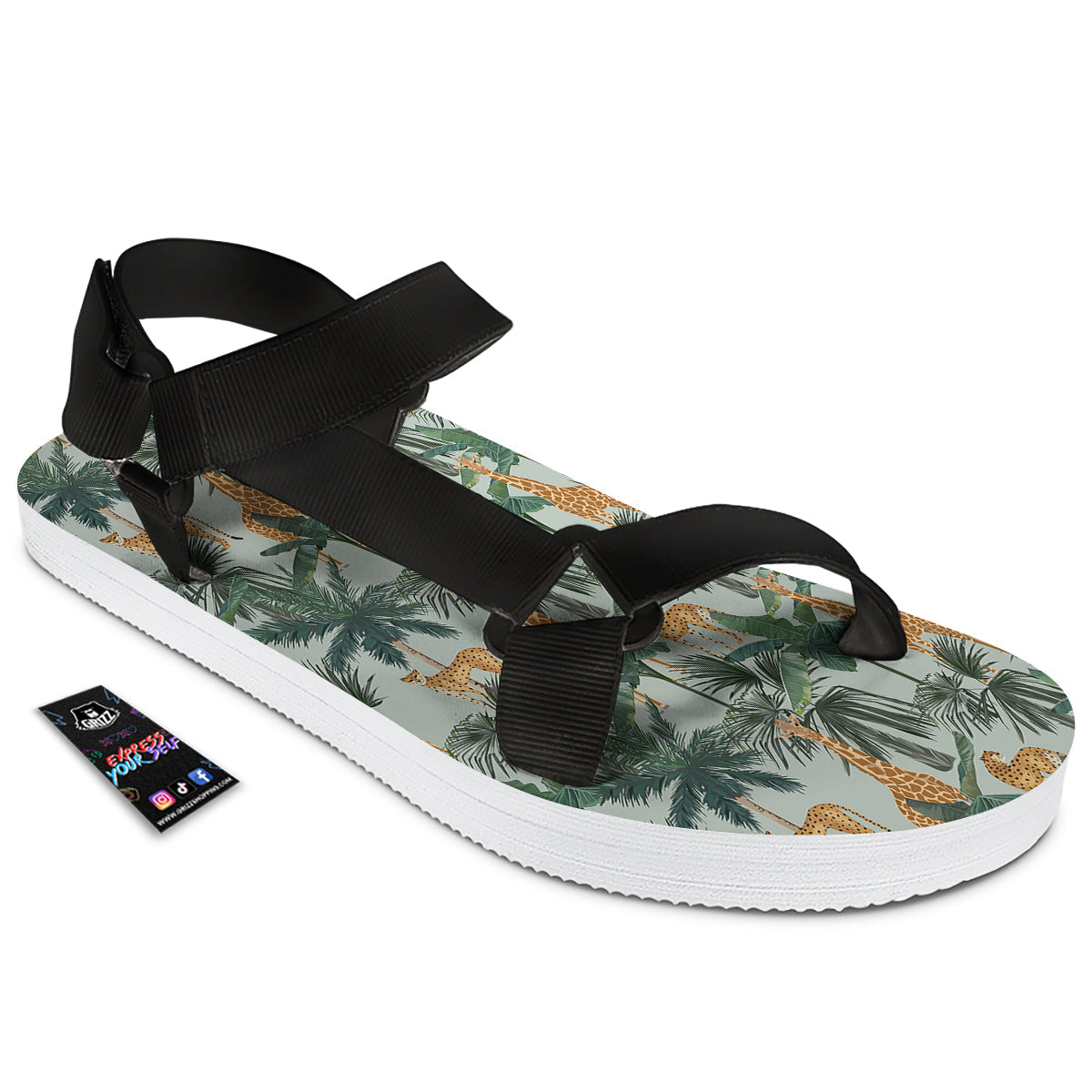 Giraffe And Leopard Vintage Print Pattern Black Open Toe Sandals-grizzshop