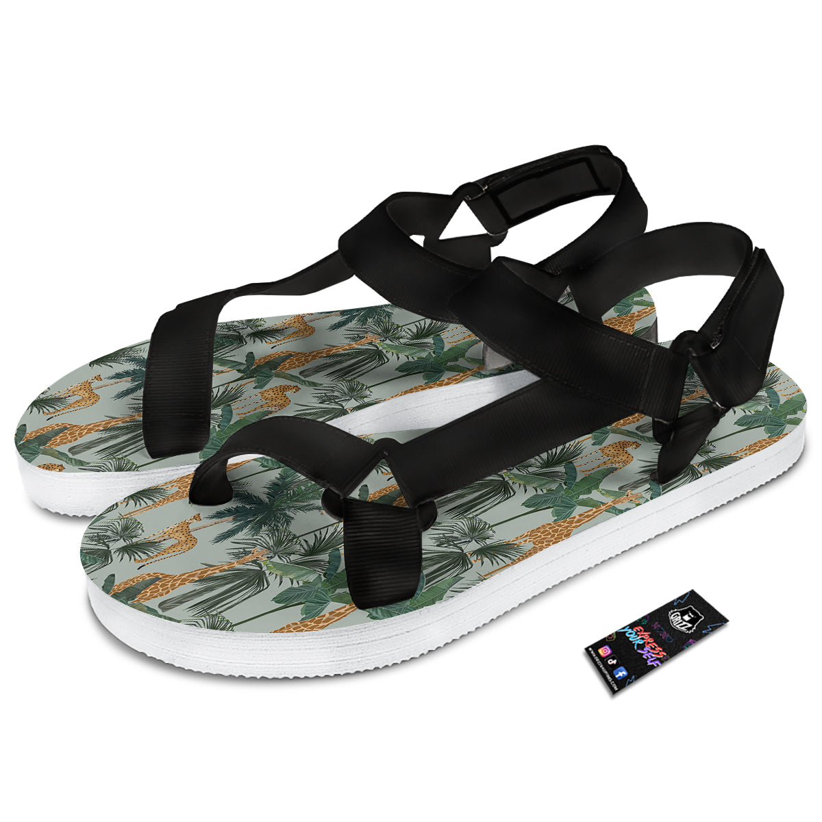 Giraffe And Leopard Vintage Print Pattern Black Open Toe Sandals-grizzshop