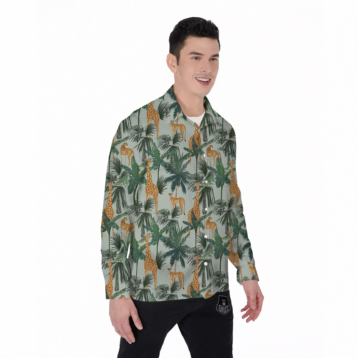 Giraffe And Leopard Vintage Print Pattern Men's Long Sleeve Shirts-grizzshop