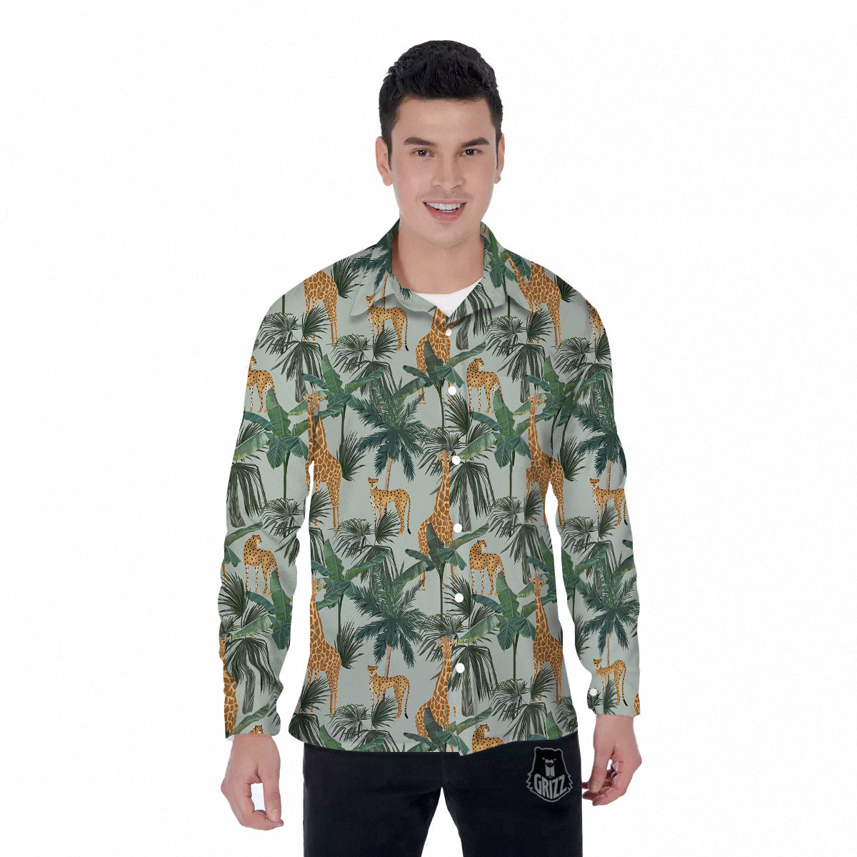 Giraffe And Leopard Vintage Print Pattern Men's Long Sleeve Shirts-grizzshop