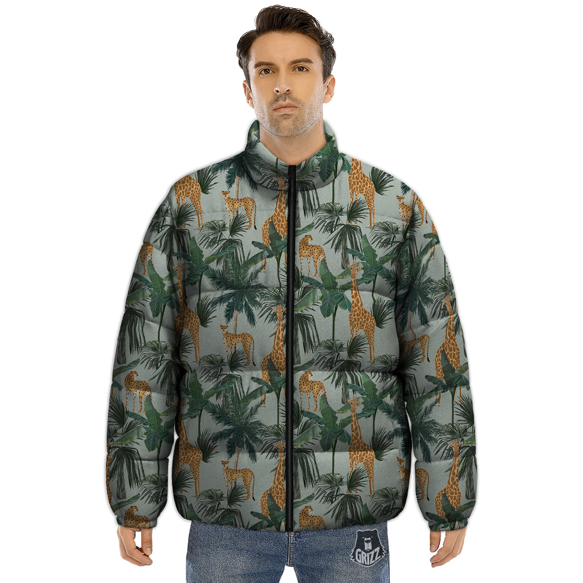 Giraffe And Leopard Vintage Print Pattern Puffer Jacket-grizzshop