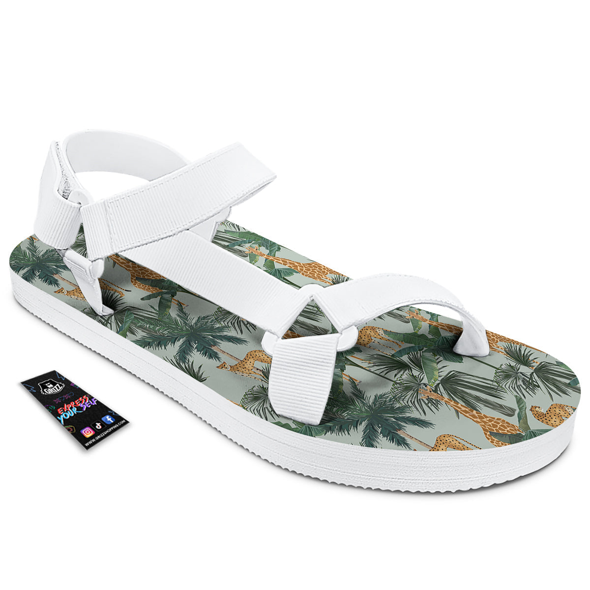 Giraffe And Leopard Vintage Print Pattern White Open Toe Sandals-grizzshop