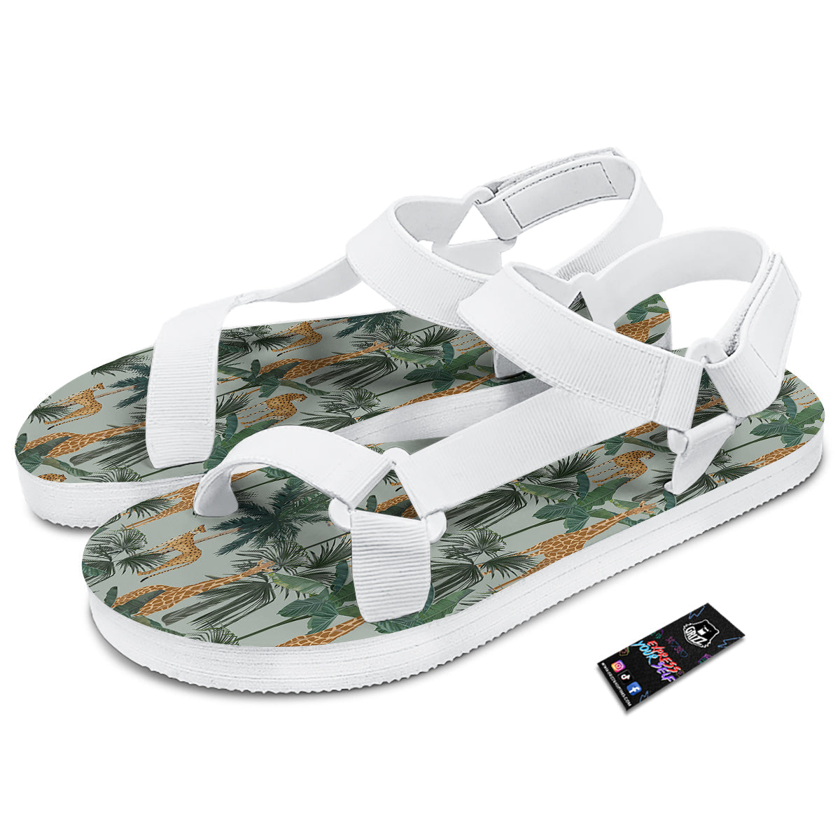 Giraffe And Leopard Vintage Print Pattern White Open Toe Sandals-grizzshop