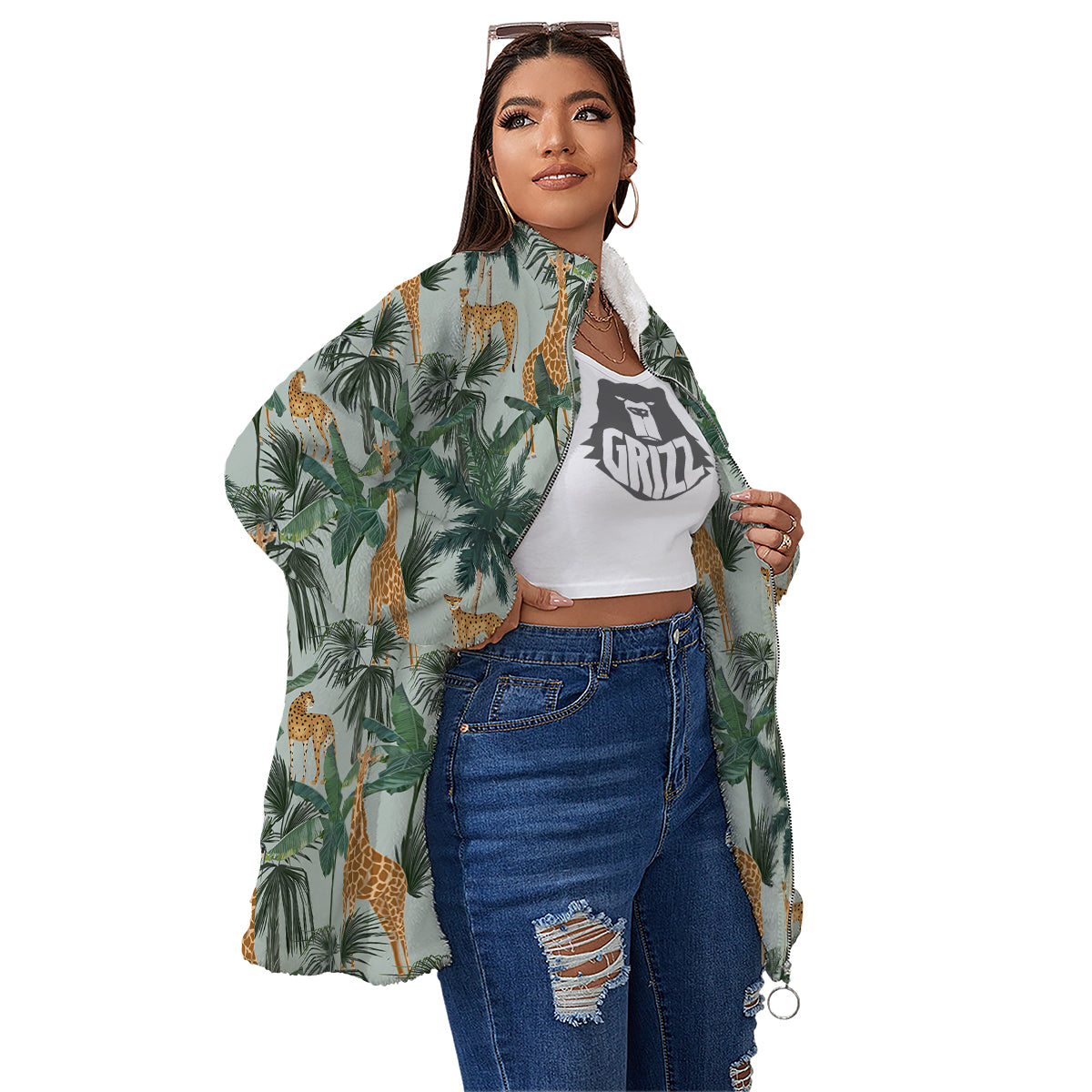 Giraffe And Leopard Vintage Print Pattern Women's Sherpa Jacket-grizzshop