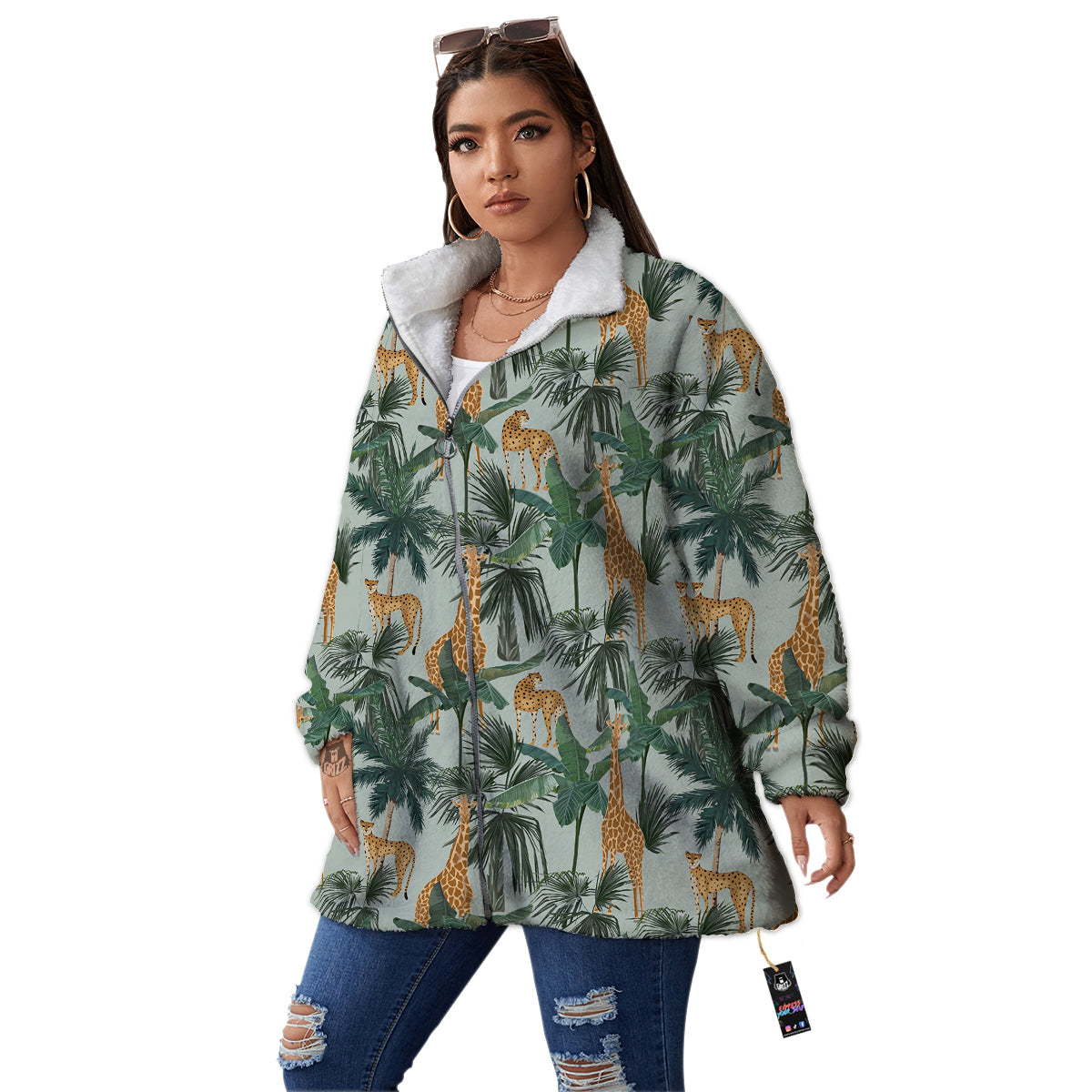 Giraffe And Leopard Vintage Print Pattern Women's Sherpa Jacket-grizzshop
