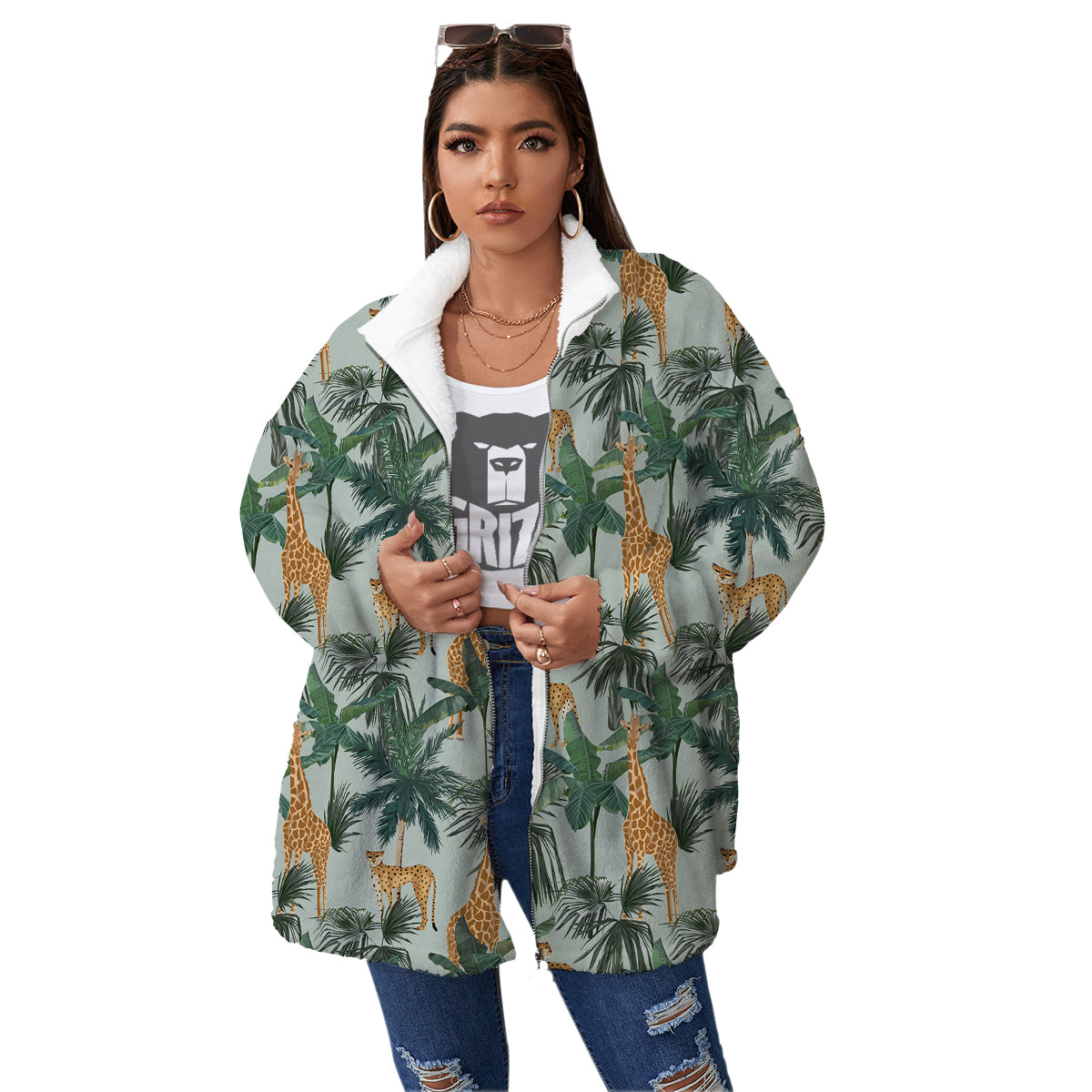 Giraffe And Leopard Vintage Print Pattern Women's Sherpa Jacket-grizzshop