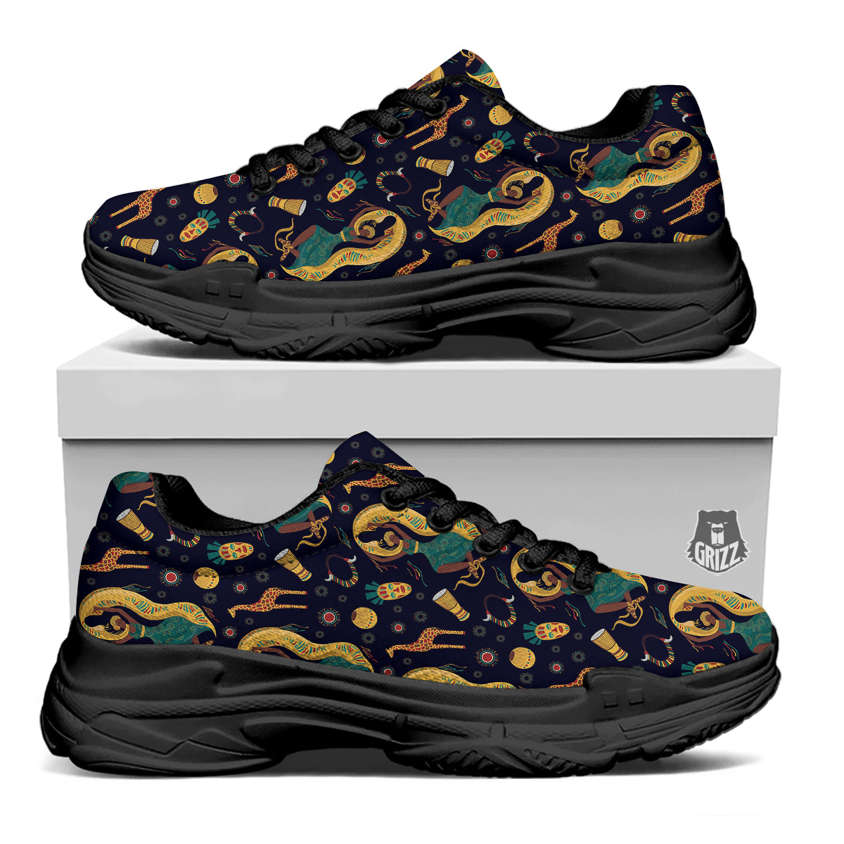 Giraffe Aztec Print Pattern Black Chunky Shoes-grizzshop