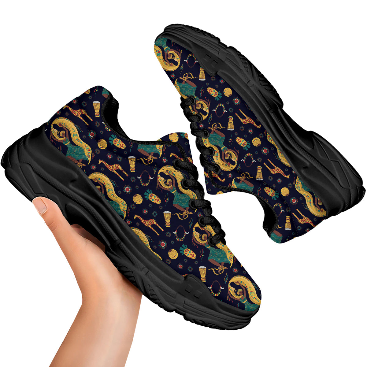 Giraffe Aztec Print Pattern Black Chunky Shoes-grizzshop