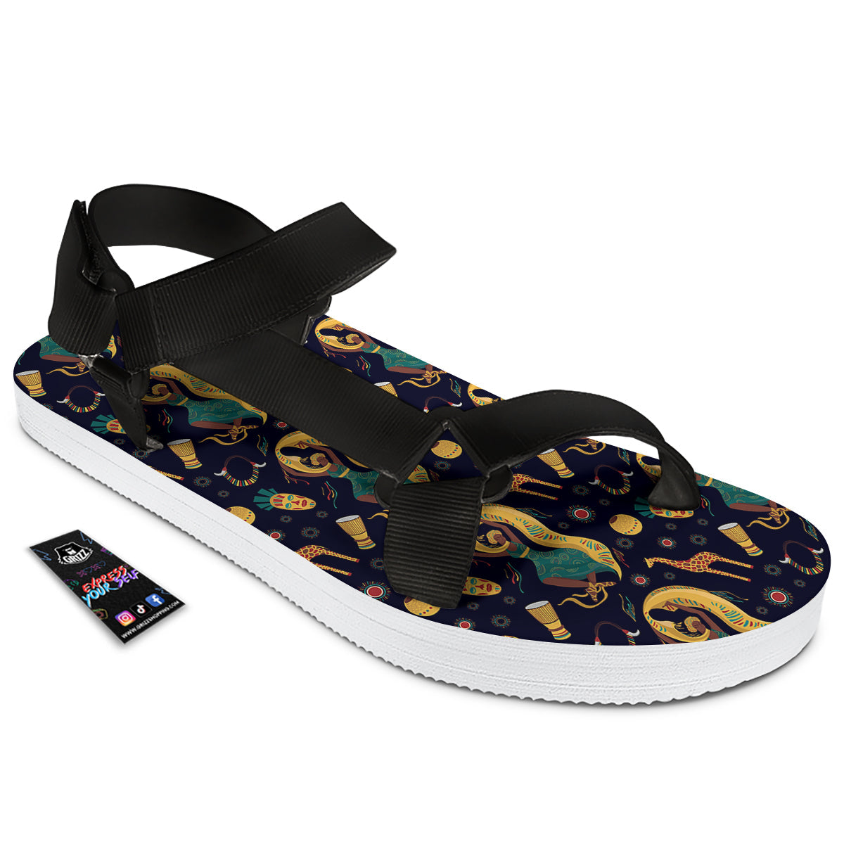 Giraffe Aztec Print Pattern Black Open Toe Sandals-grizzshop