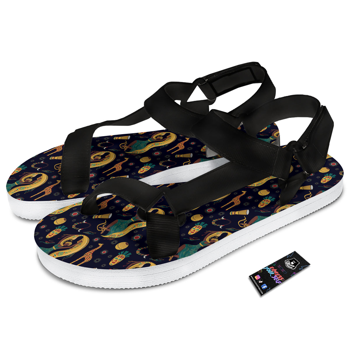 Giraffe Aztec Print Pattern Black Open Toe Sandals-grizzshop