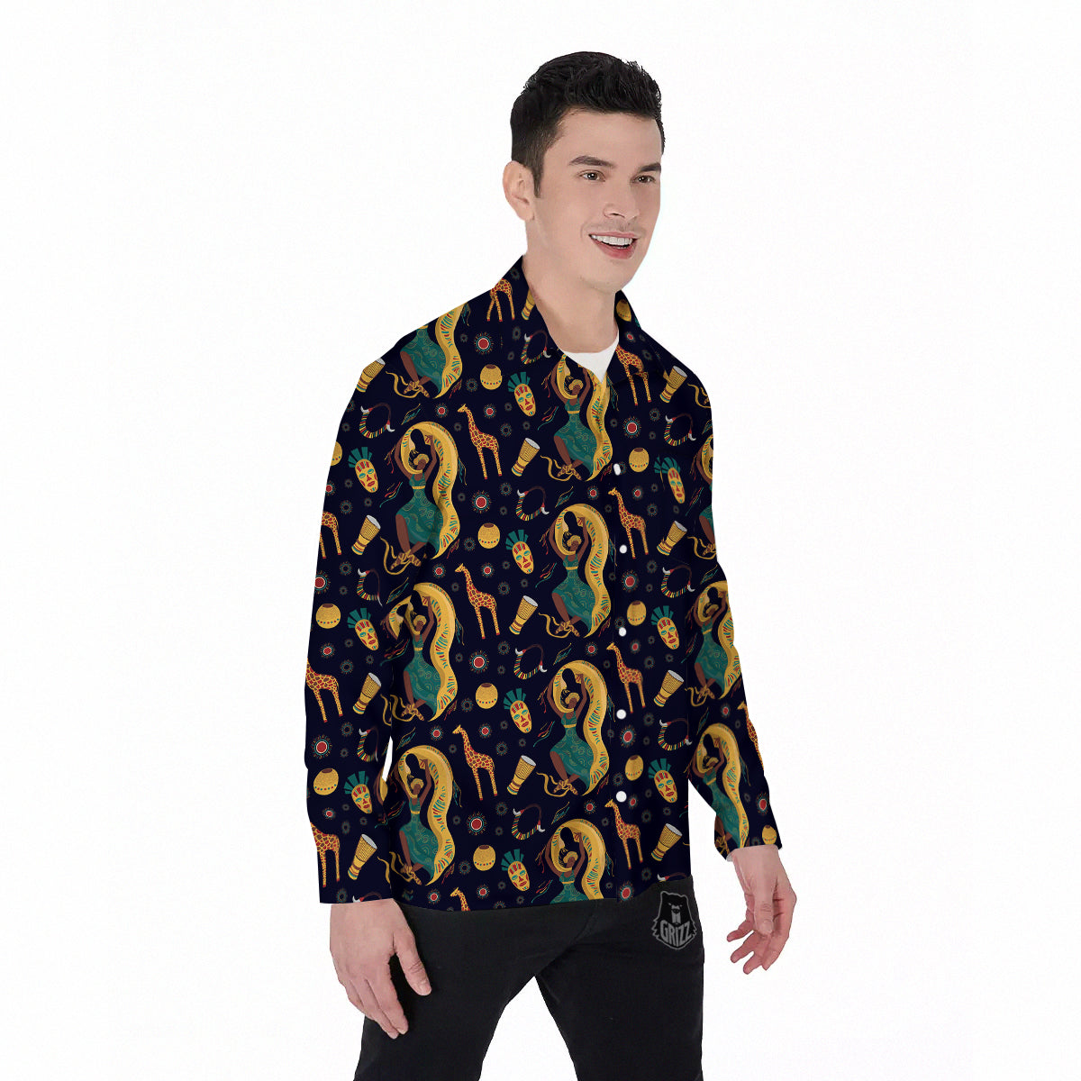 Giraffe Aztec Print Pattern Men's Long Sleeve Shirts-grizzshop