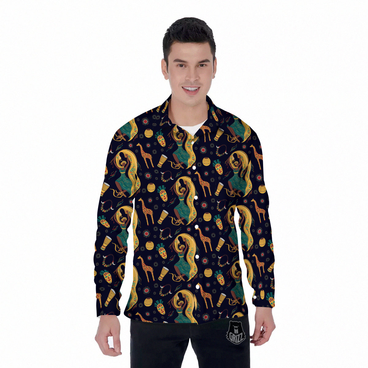 Giraffe Aztec Print Pattern Men's Long Sleeve Shirts-grizzshop