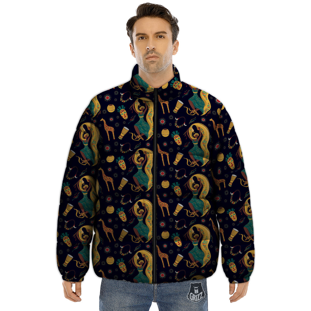 Giraffe Aztec Print Pattern Puffer Jacket-grizzshop
