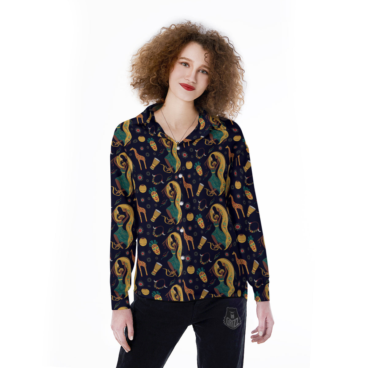 Giraffe Aztec Print Pattern Women's Long Sleeve Shirts-grizzshop