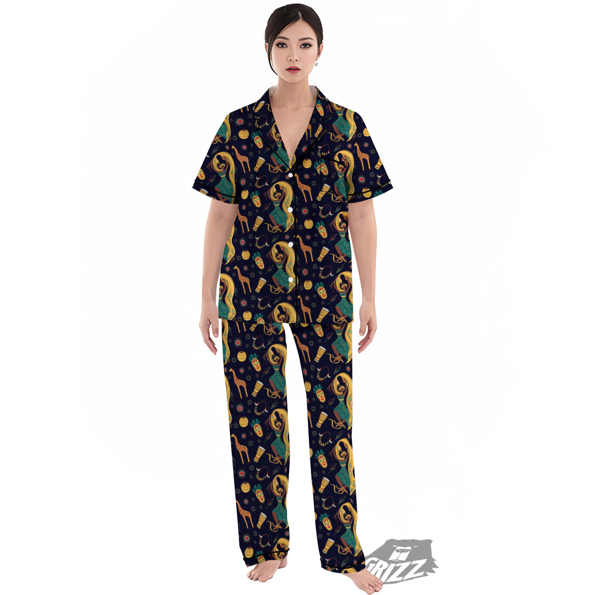 Giraffe Aztec Print Pattern Women's Pajamas Set-grizzshop