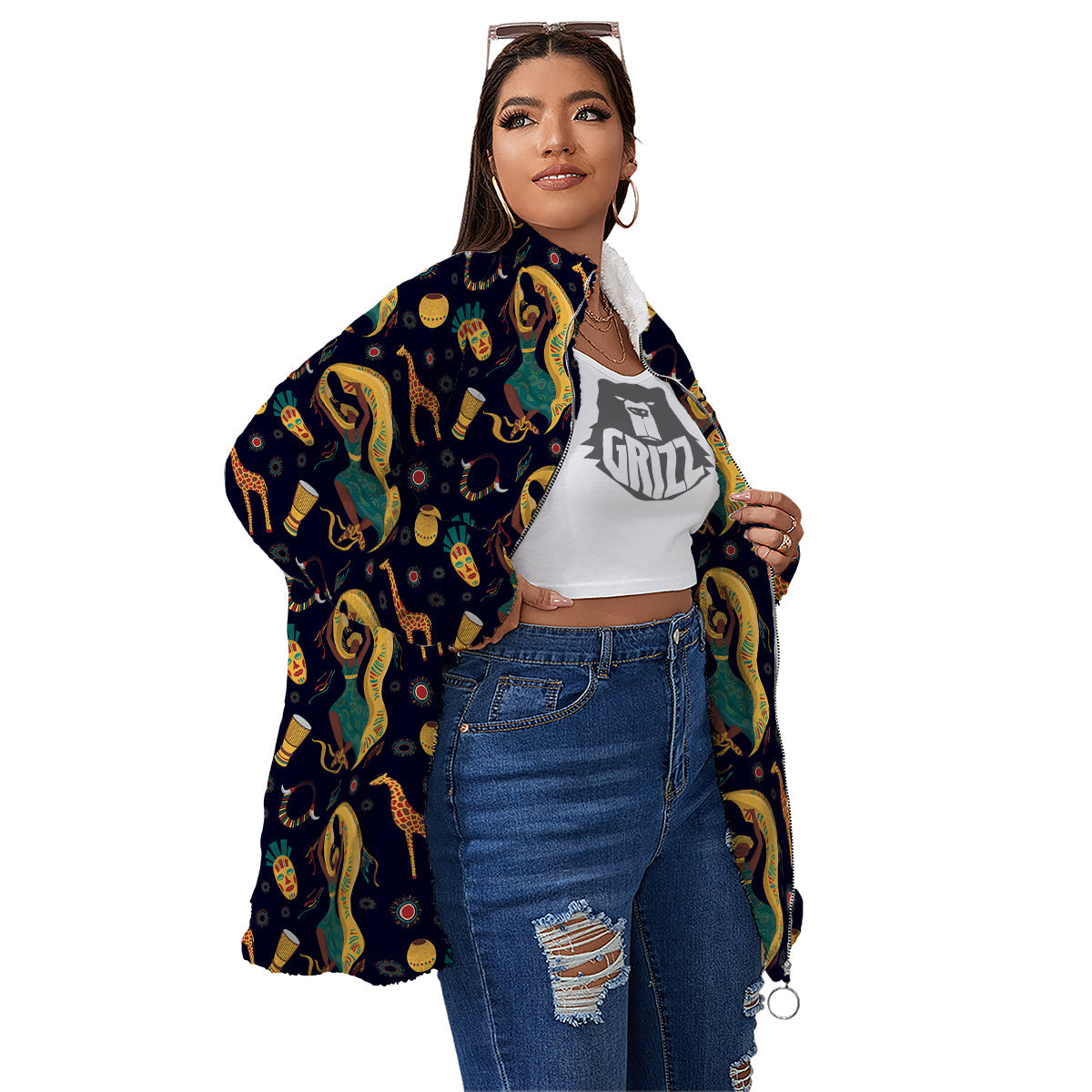 Giraffe Aztec Print Pattern Women's Sherpa Jacket-grizzshop