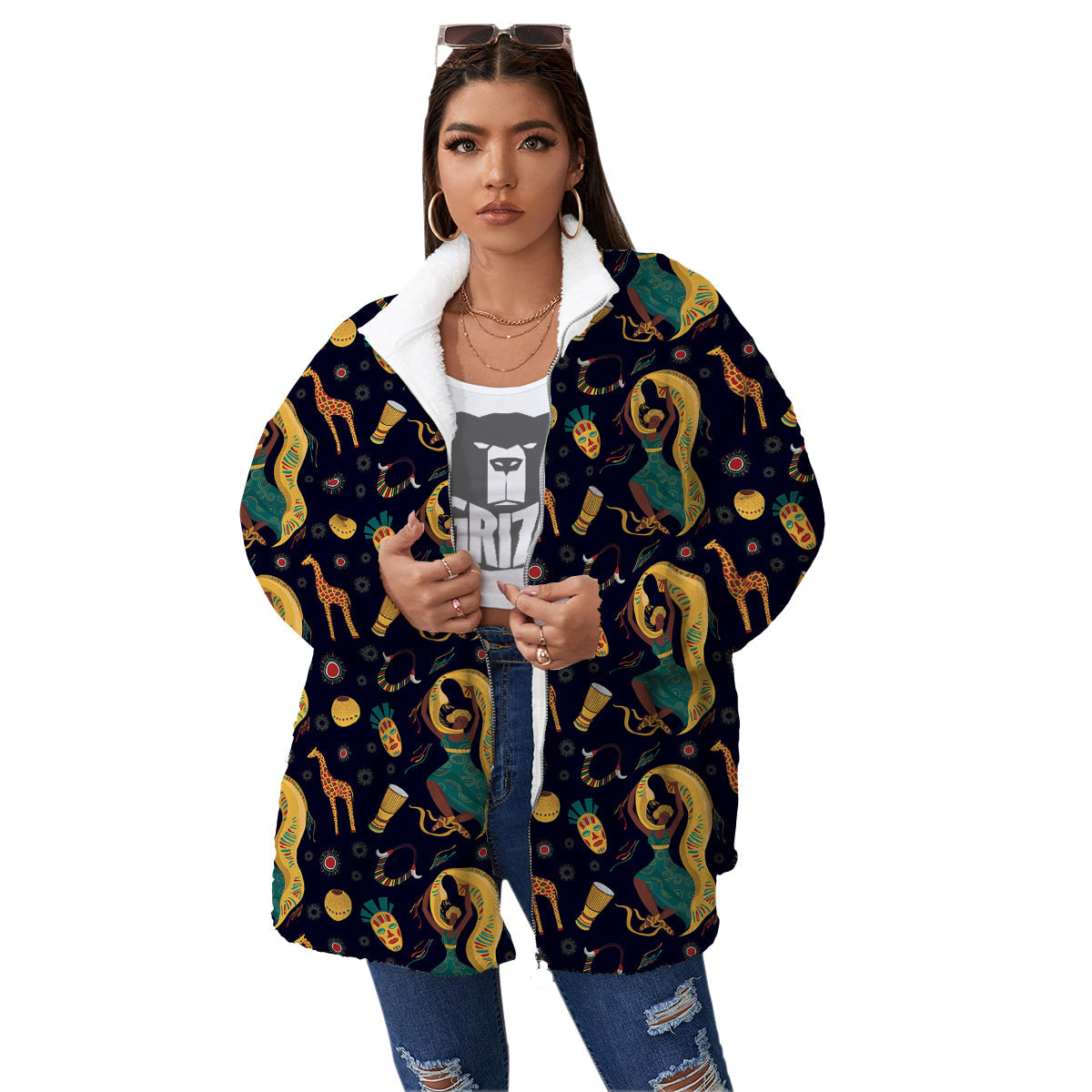 Giraffe Aztec Print Pattern Women's Sherpa Jacket-grizzshop