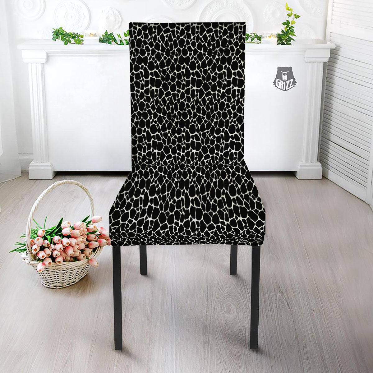 Giraffe Black Tropical Print Pattern Dining Chair Slipcover-grizzshop