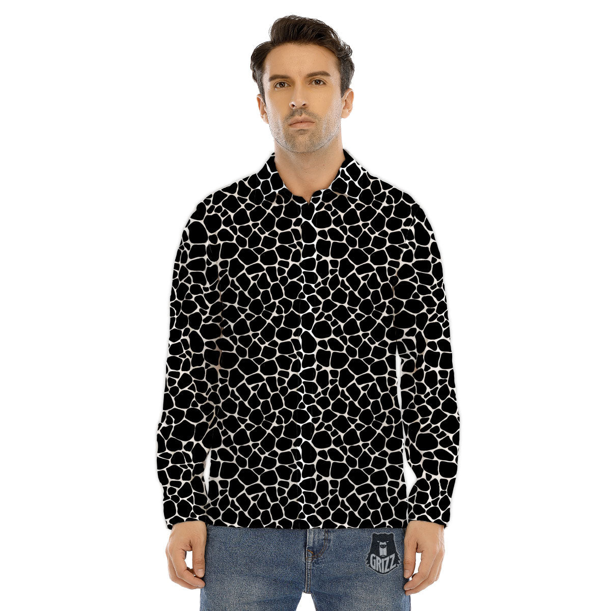 Giraffe Black Tropical Print Pattern Men's Dress Shirts-grizzshop