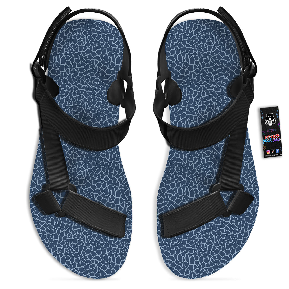 Giraffe Blue Print Black Open Toe Sandals-grizzshop