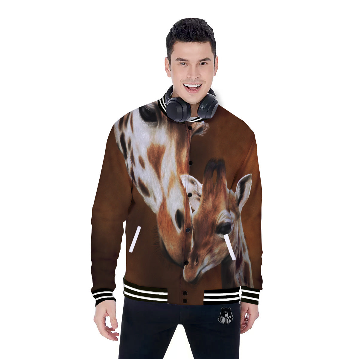 Giraffe Brown Print Baseball Jacket-grizzshop