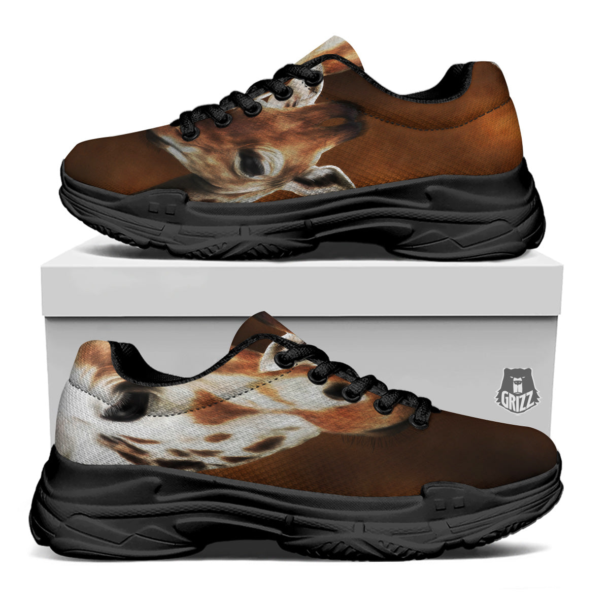 Giraffe Brown Print Black Chunky Shoes-grizzshop