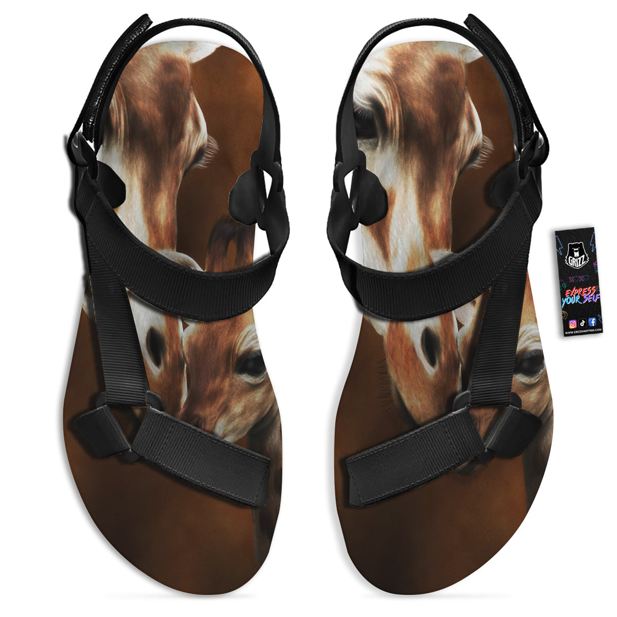Giraffe Brown Print Black Open Toe Sandals-grizzshop
