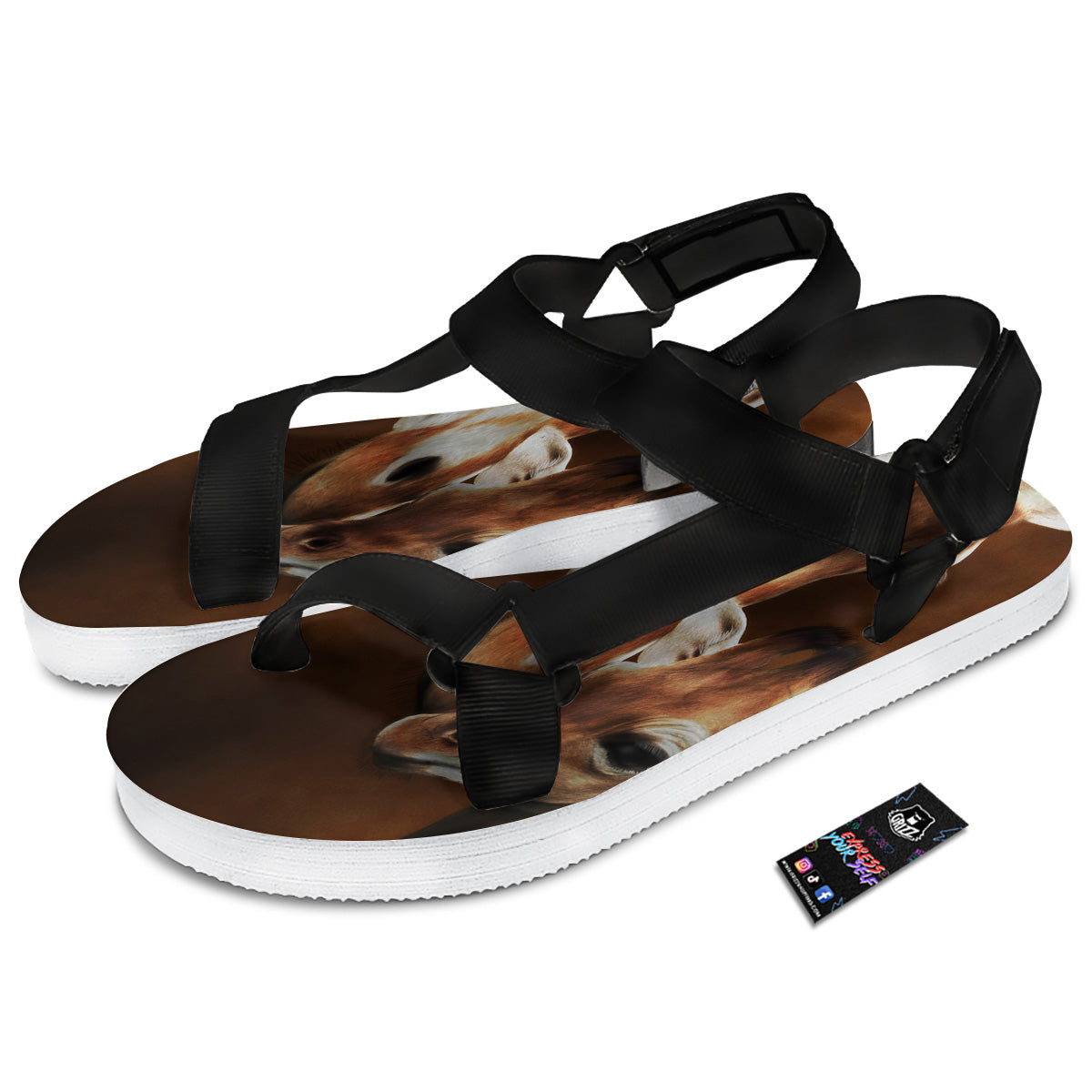 Giraffe Brown Print Black Open Toe Sandals-grizzshop