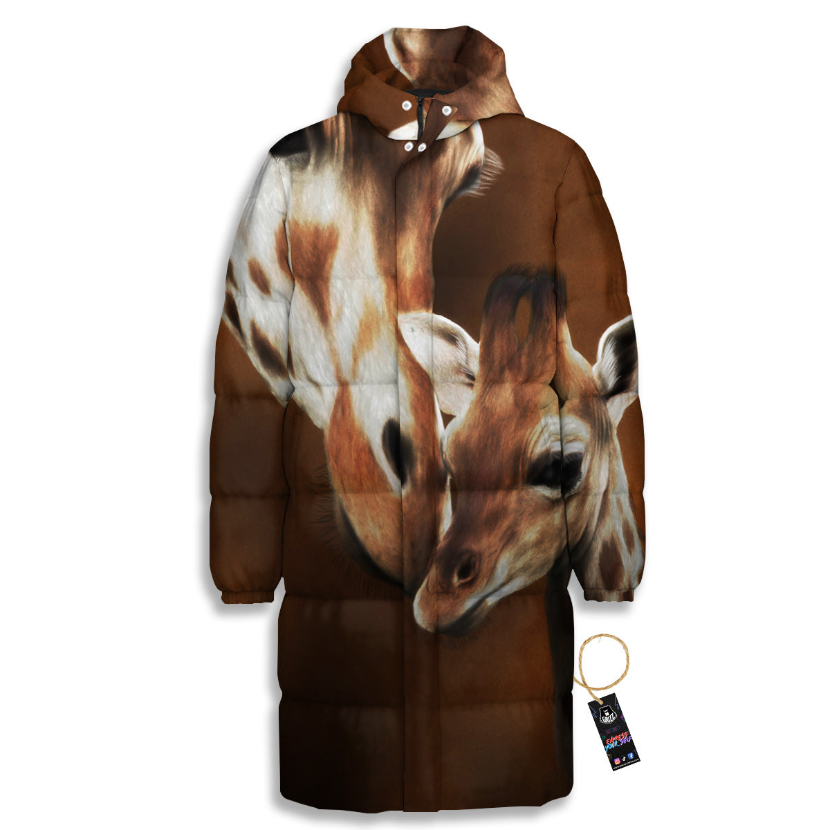 Giraffe Brown Print Long Down Jacket-grizzshop