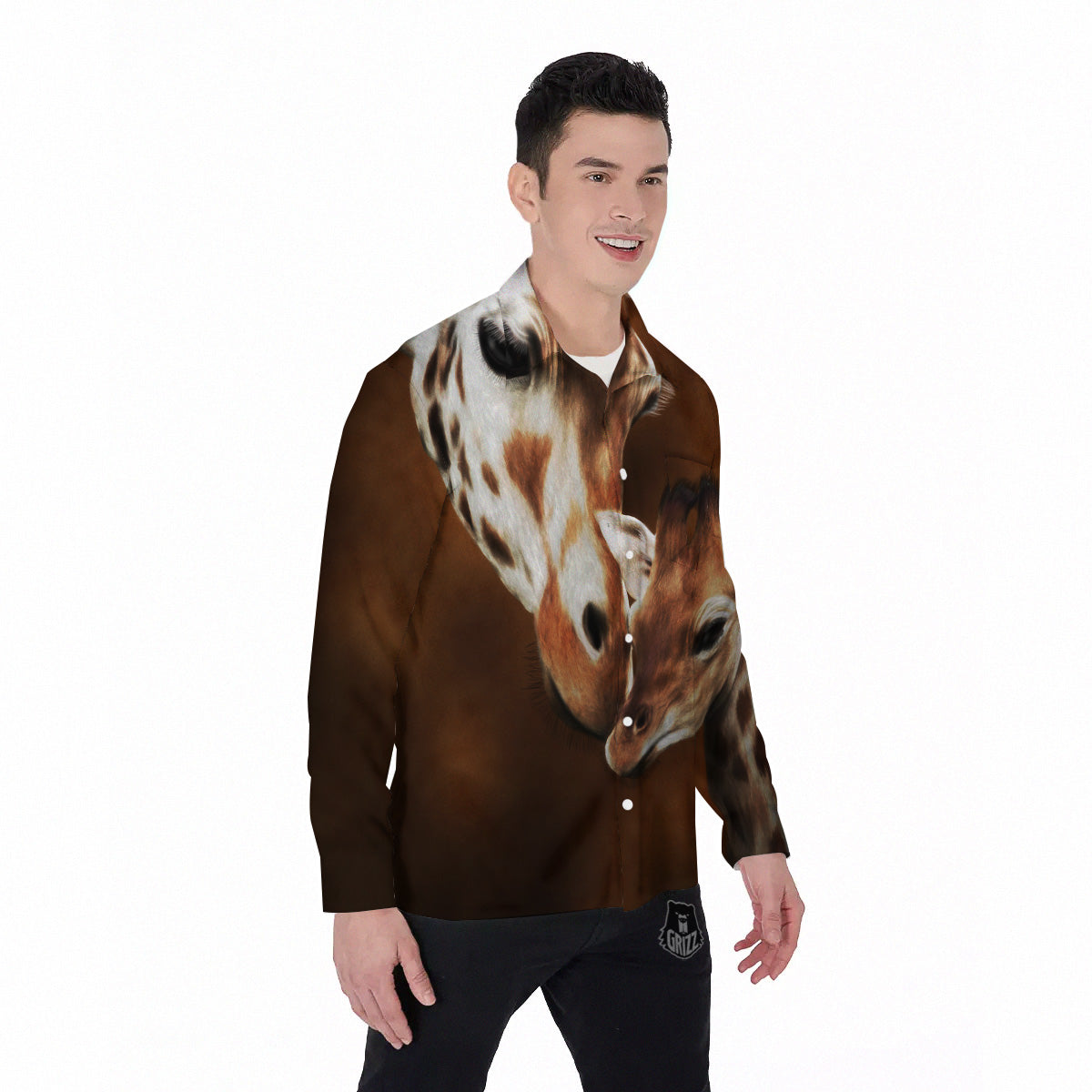 Giraffe Brown Print Men's Long Sleeve Shirts-grizzshop