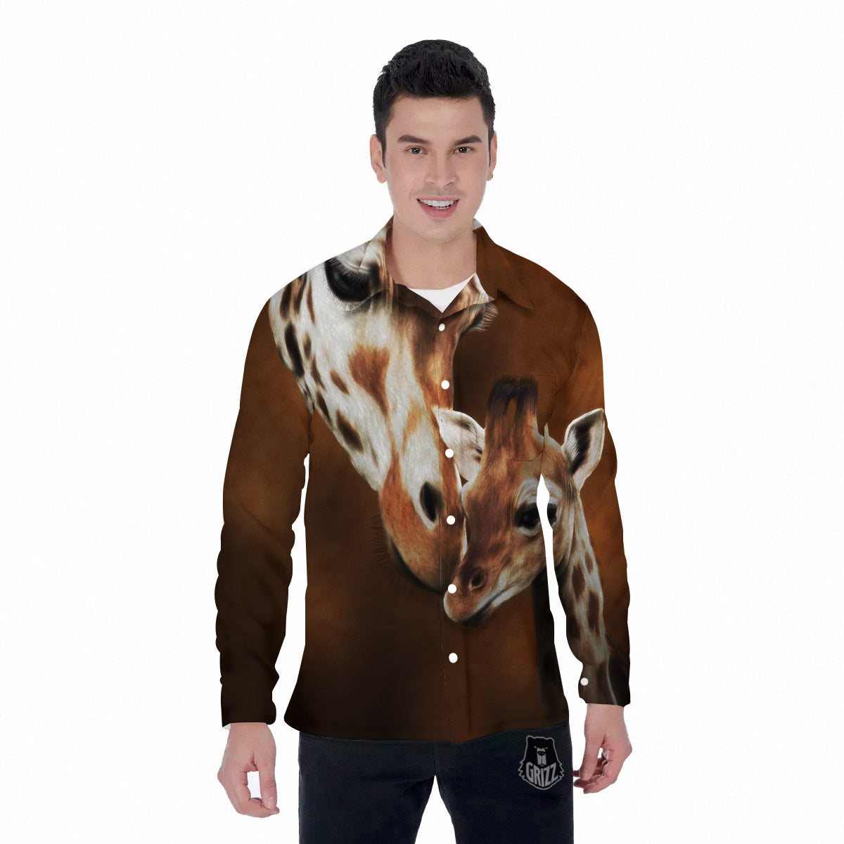 Giraffe Brown Print Men's Long Sleeve Shirts-grizzshop
