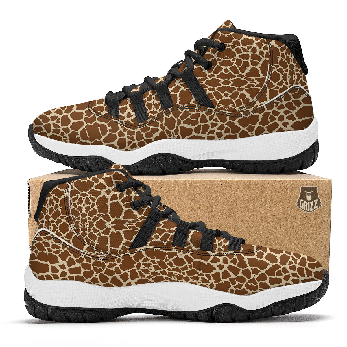 Giraffe Brown Print Pattern Black Bball Shoes-grizzshop