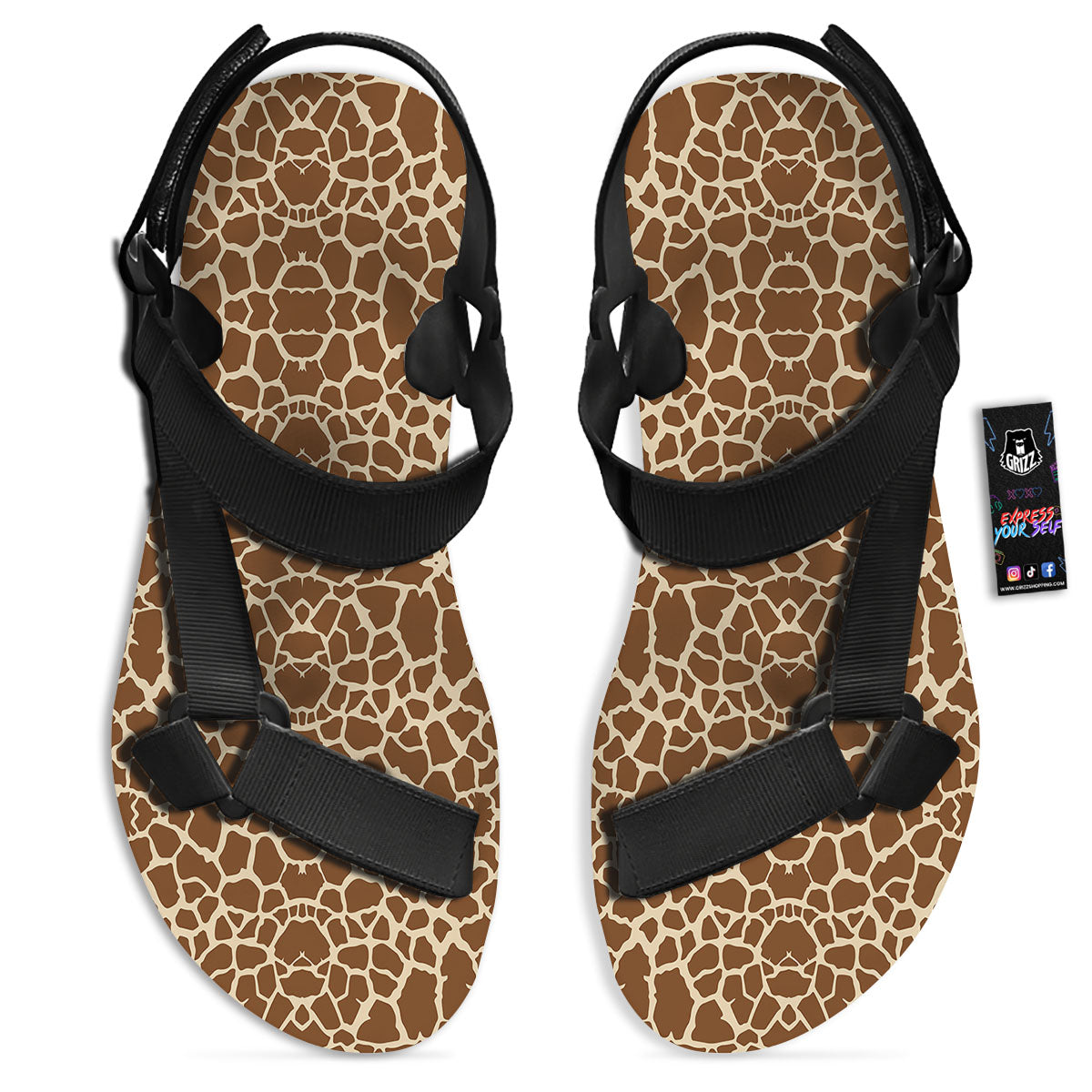 Giraffe Brown Print Pattern Black Open Toe Sandals-grizzshop