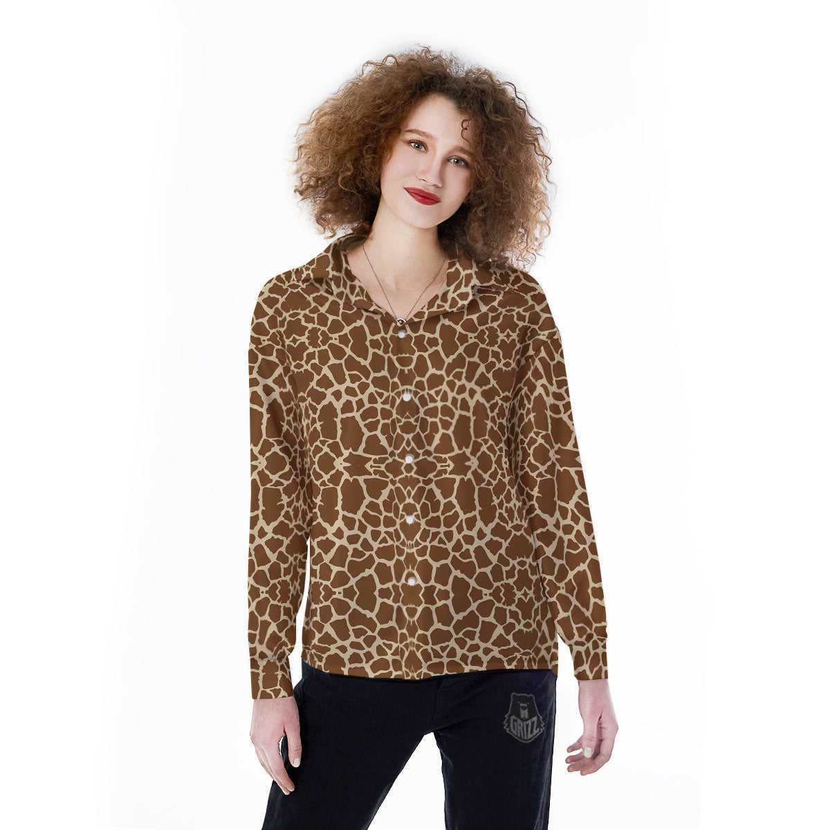 Giraffe Brown Print Pattern Women's Long Sleeve Shirts-grizzshop
