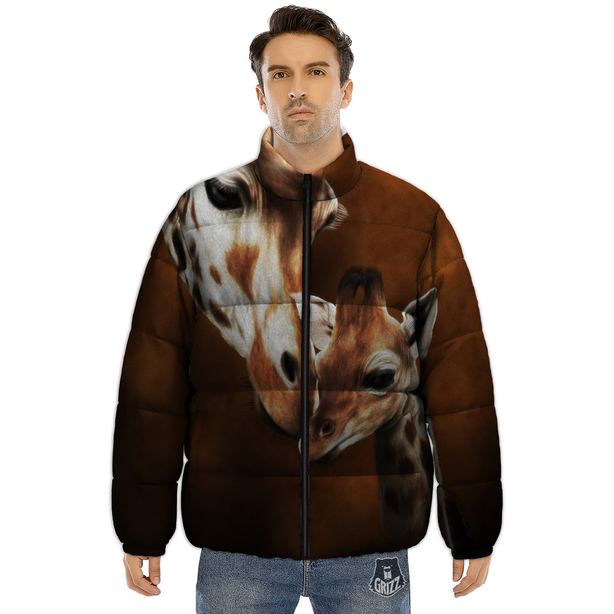 Giraffe Brown Print Puffer Jacket-grizzshop