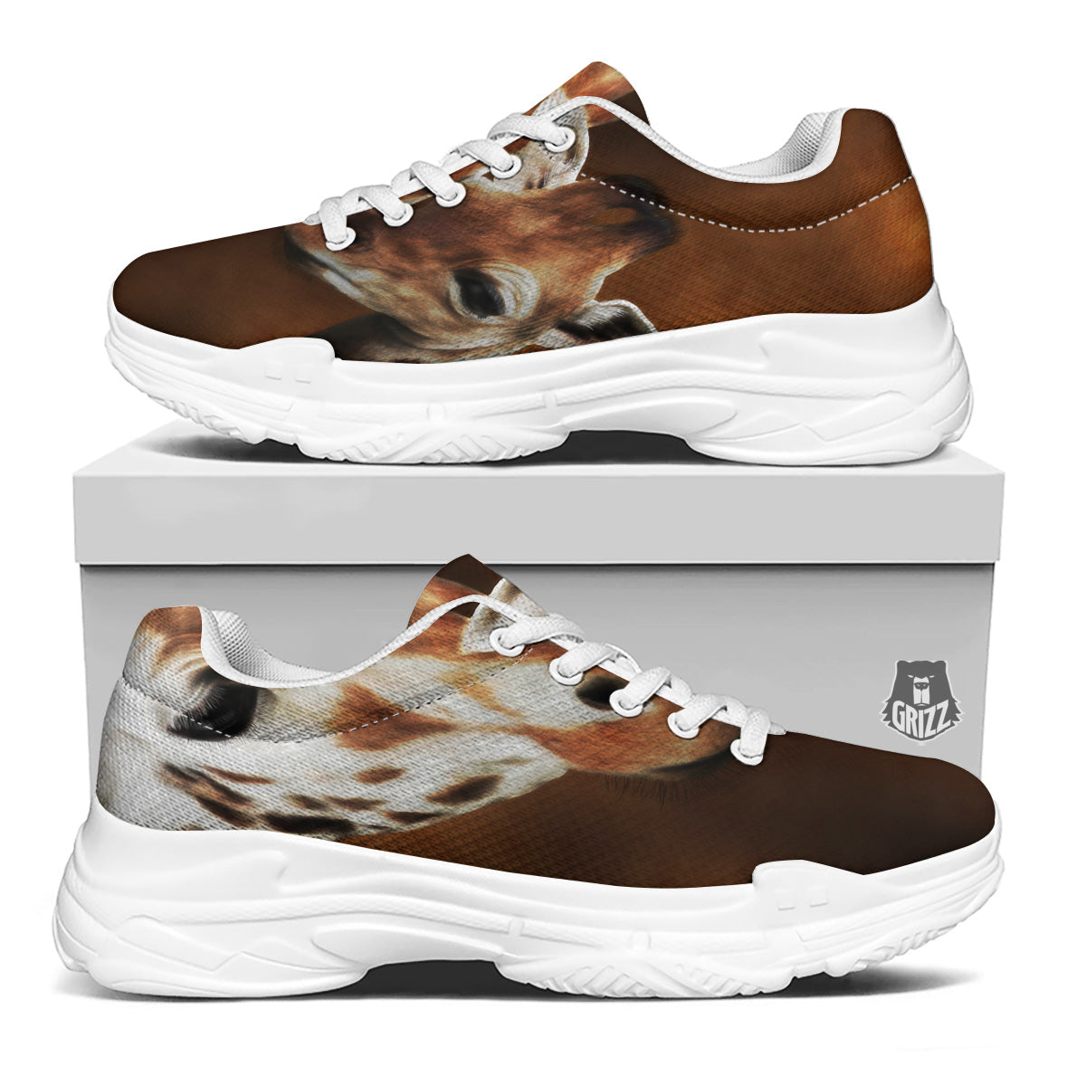 Giraffe Brown Print White Chunky Shoes-grizzshop