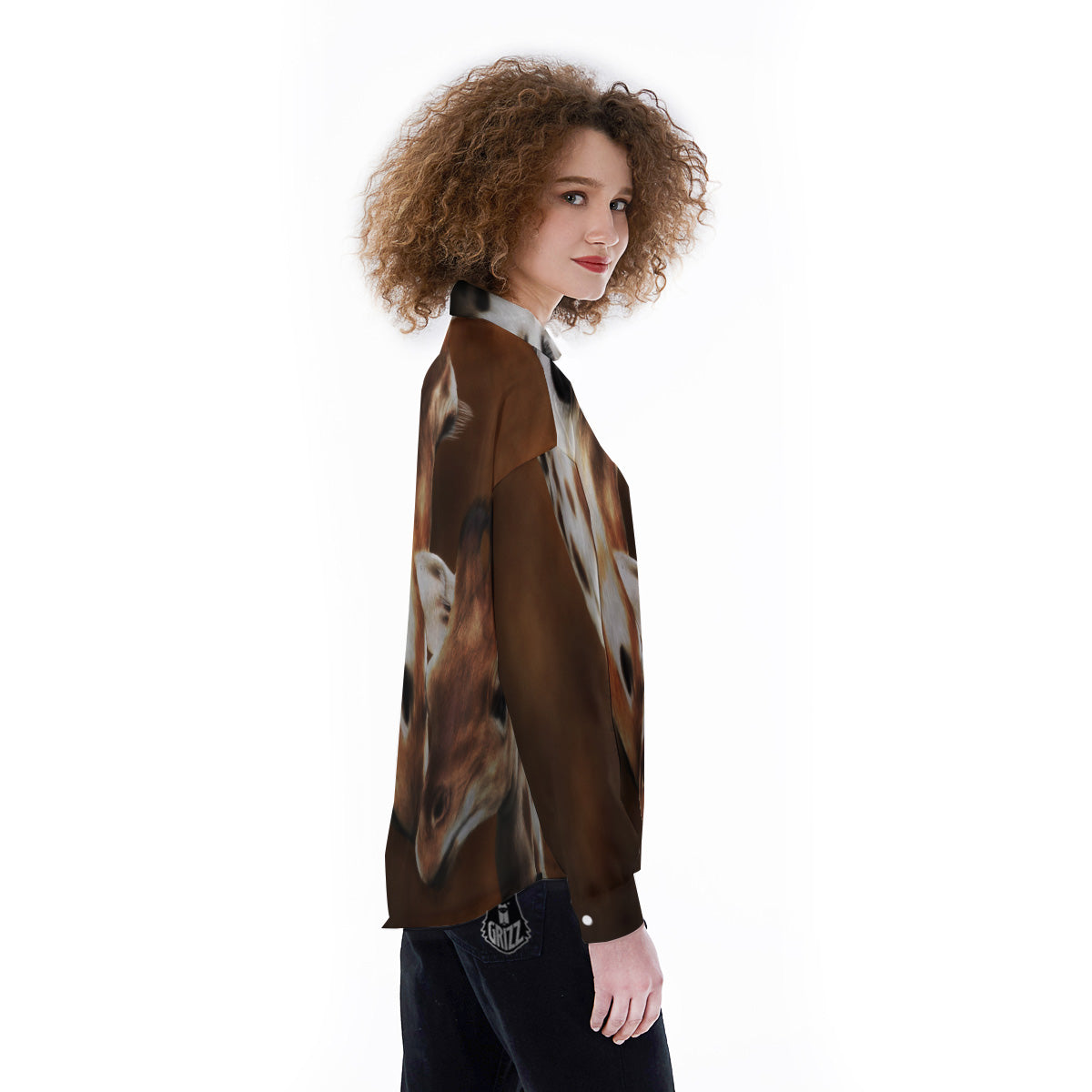 Giraffe Brown Print Women's Long Sleeve Shirts-grizzshop