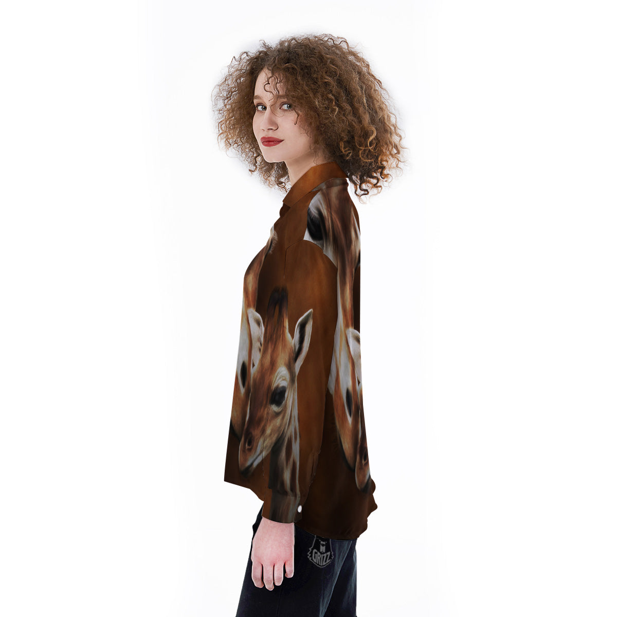 Giraffe Brown Print Women's Long Sleeve Shirts-grizzshop