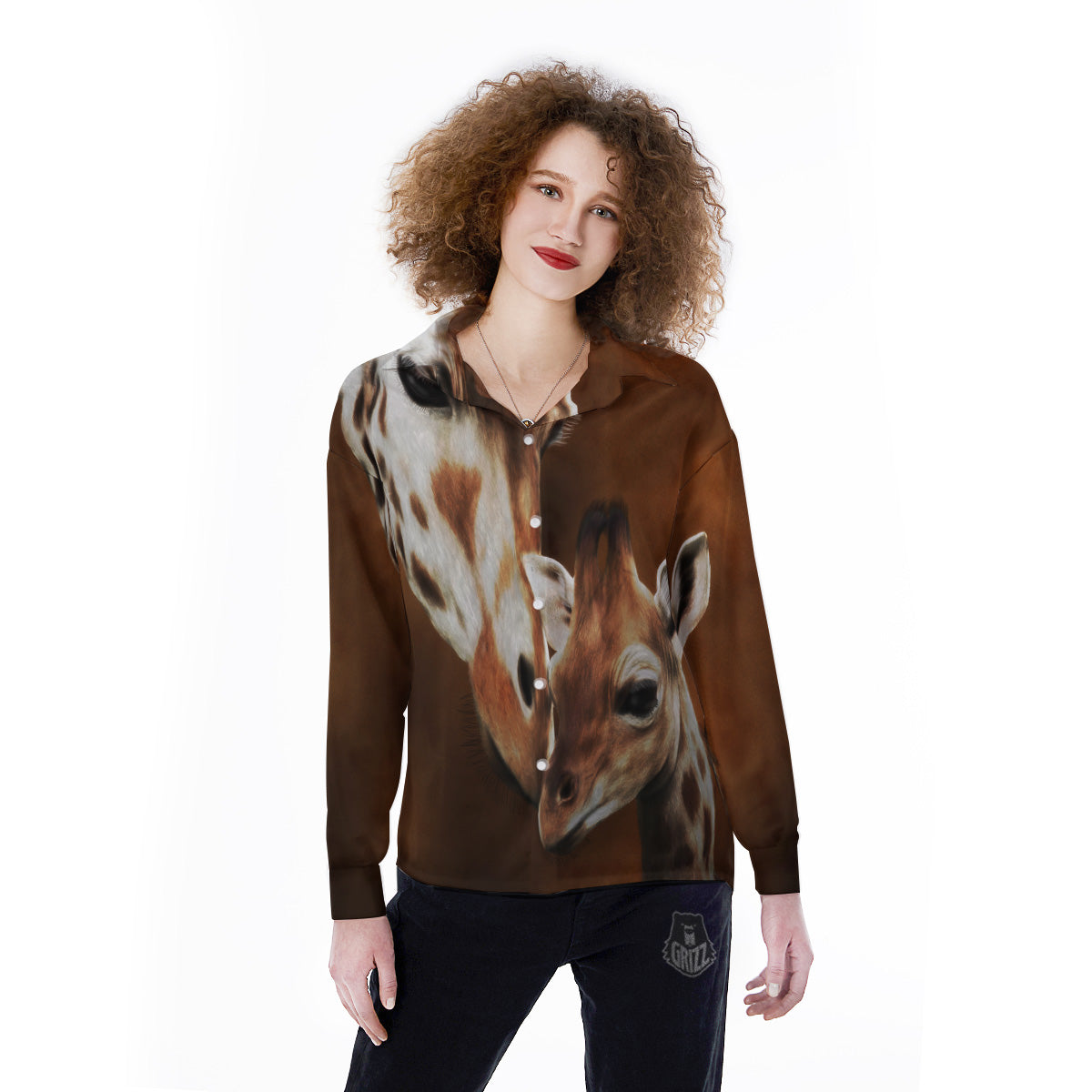 Giraffe Brown Print Women's Long Sleeve Shirts-grizzshop