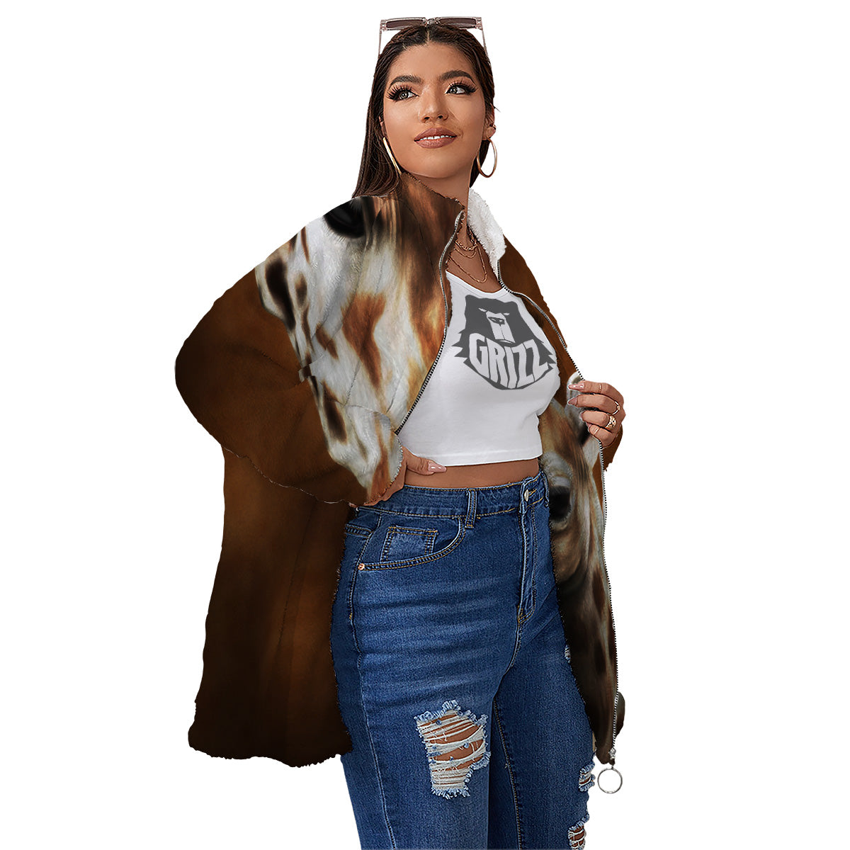 Giraffe Brown Print Women's Sherpa Jacket-grizzshop
