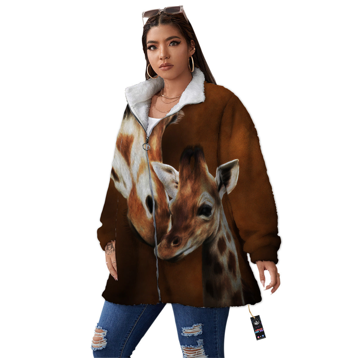 Giraffe Brown Print Women's Sherpa Jacket-grizzshop
