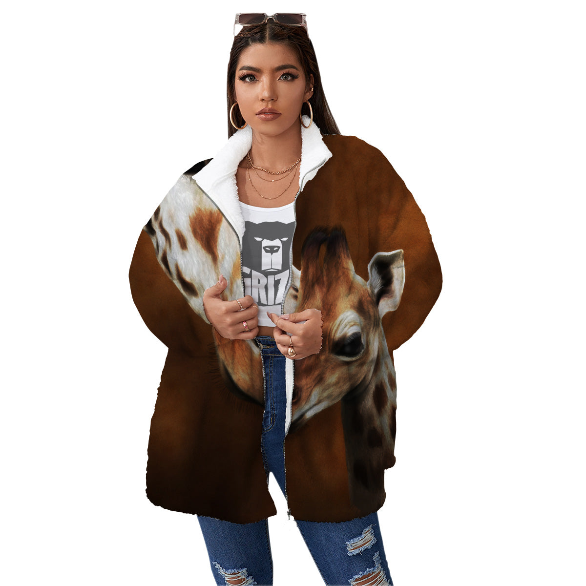 Giraffe Brown Print Women's Sherpa Jacket-grizzshop
