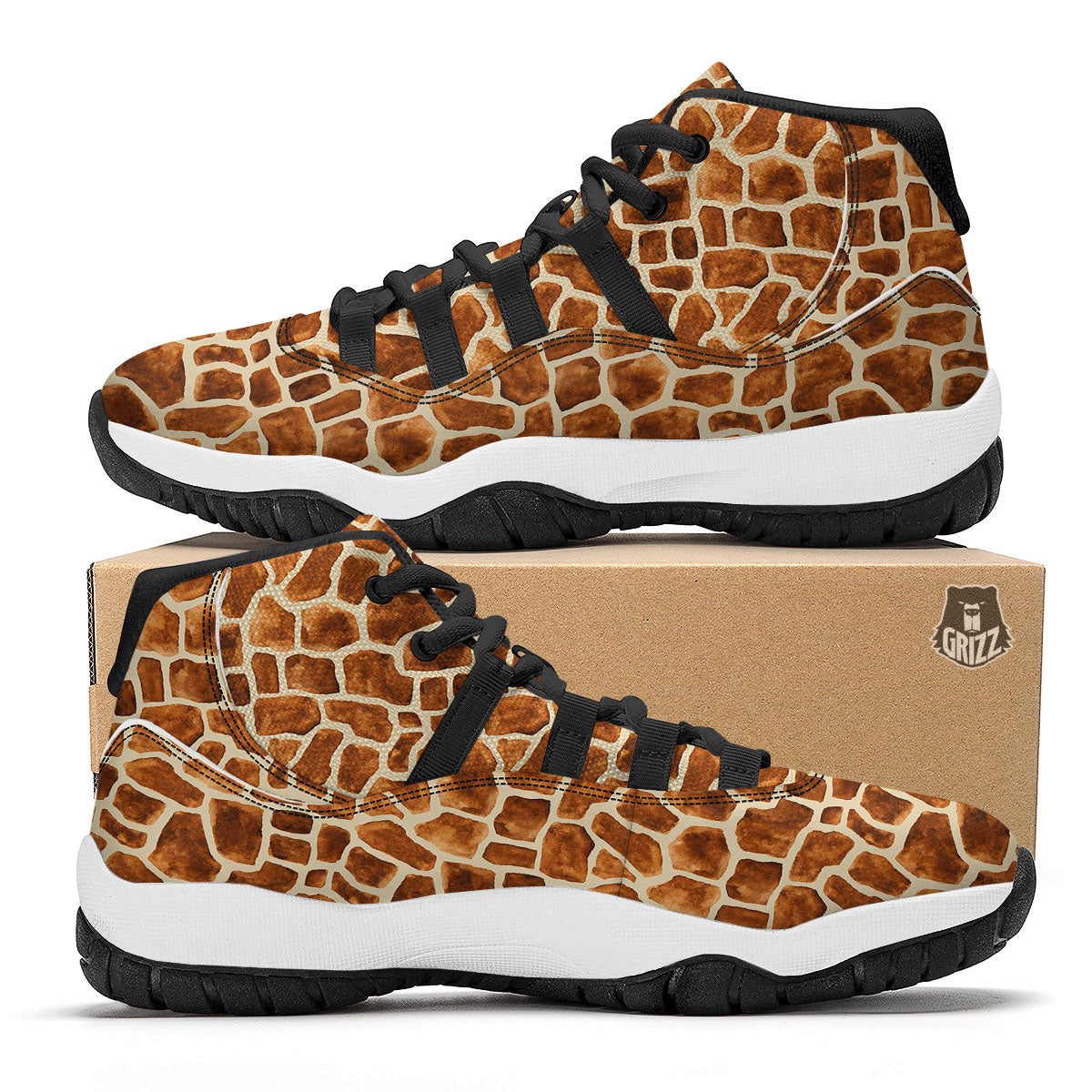Giraffe Brown Watercolor Print Pattern Black Bball Shoes-grizzshop