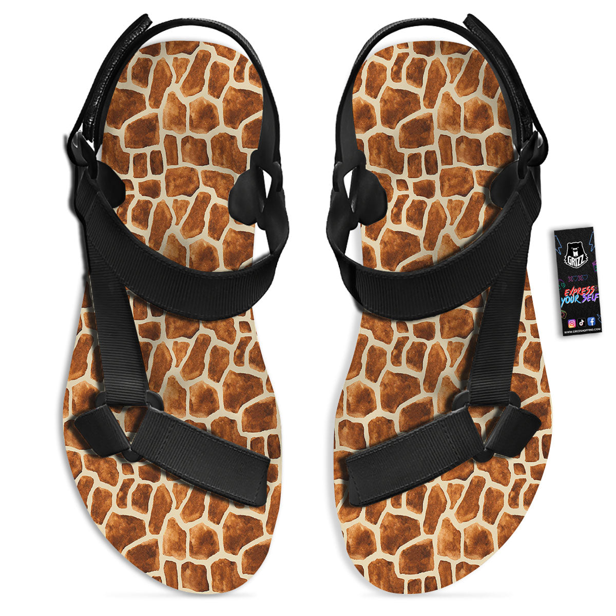 Giraffe Brown Watercolor Print Pattern Black Open Toe Sandals-grizzshop